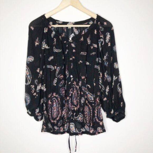 ECOTE Black Floral Paisley Printed Boho Blouse - Picture 2 of 9